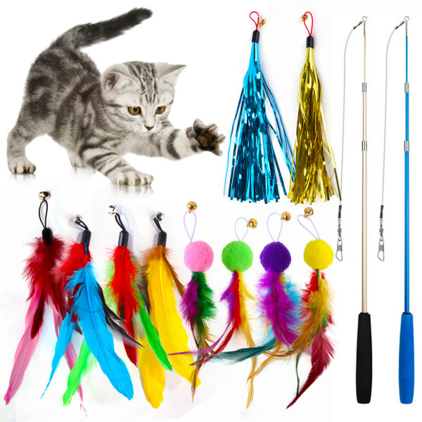 12 STK Cat Feather Legetøj, Stick Toy Cat Fiskestang med 2 STK I