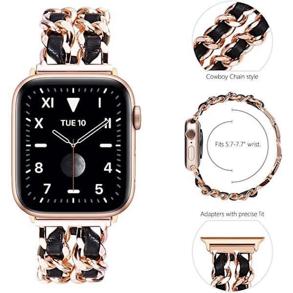 Rose gold sort læder guld kæde, dame dobbelt række metal str