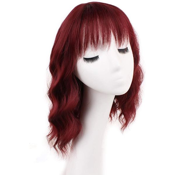 14 Tommer Naturlig Parykk Vinrød Bob Parykk med Bangs Syntetisk Bob