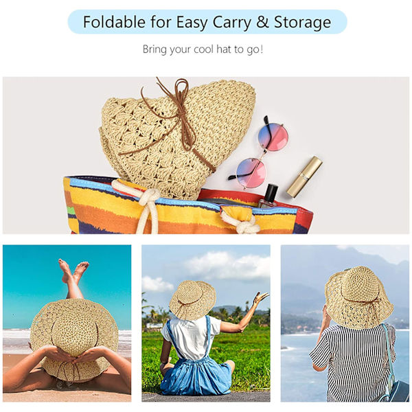 Foldbar stråhat til kvinder, anti-UV, bredskygget stråhat i Panama-stil til damer, fashionabel strandhat med sløjfe