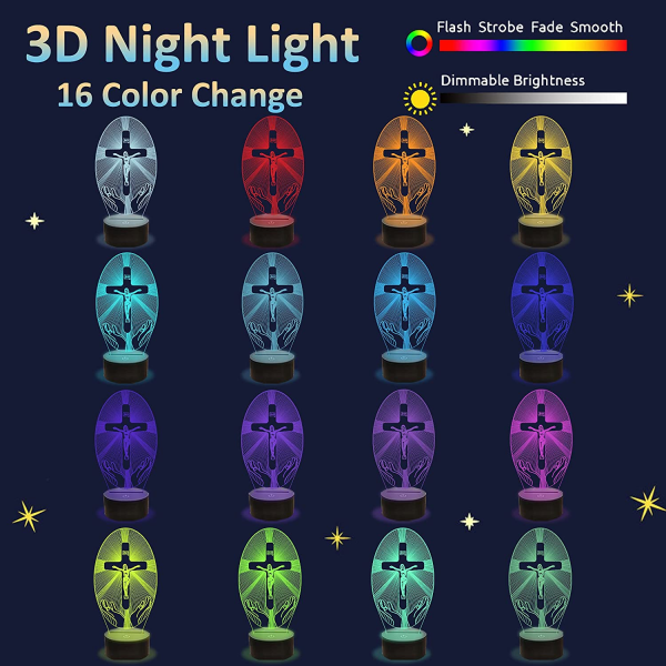 Cross 3D Night Light, Jesus Illusion Hologram Lampe 16 Farve Chan
