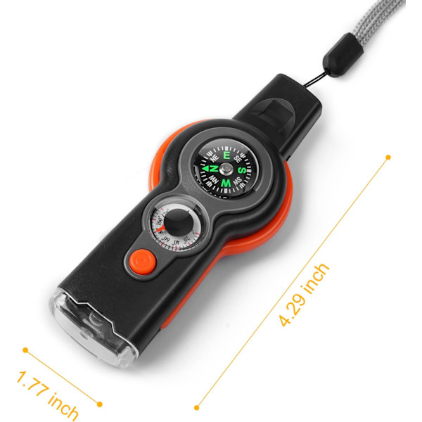 Nöd visselpipa, 7 i 1, Multifunktionell kompass, Multiverktyg säkerhetsvisselpipa (orange) 1 Pieces