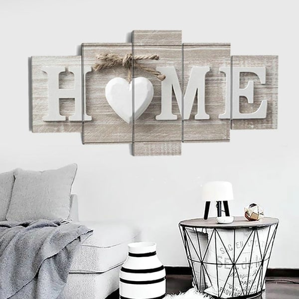 Veggkunst i 5 deler - Love HOME, non-woven lerret for stue