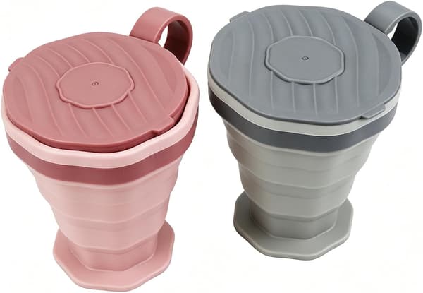 Pakke med 2 sammenleggbare silikonkopper, sammenleggbare reisekopper med plastlokk