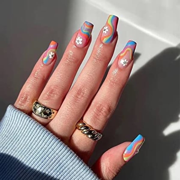 24 st Medellängd fransk press på naglar med design, varmrosa