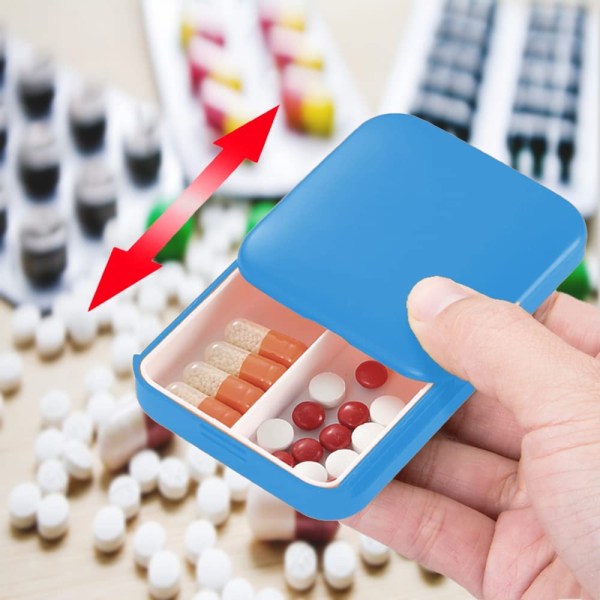 Blå pillerlåda, bärbar pillerlåda, minipillerlåda i plast, pillerbo