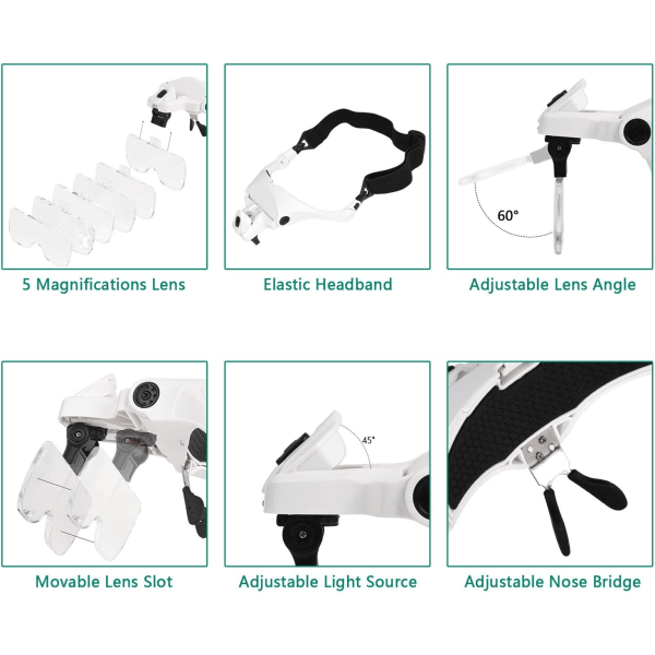 Åttedelt forstørrelsesglasssett med 2 LED-lys - Opplyst forstørrelsesglass