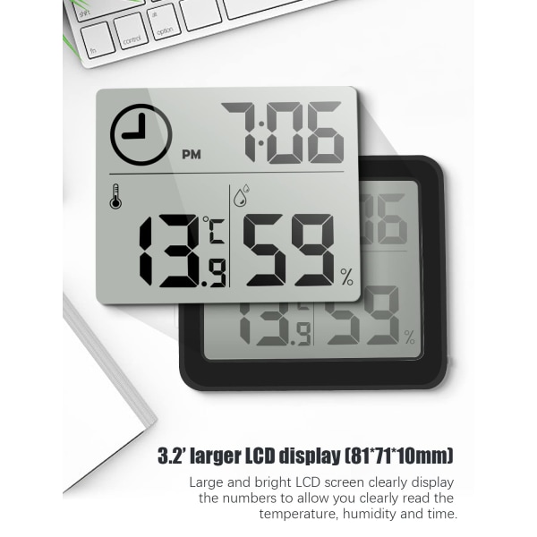 Digitalt termometer/hygrometer 3,2” LCD stor skjerm innendørs
