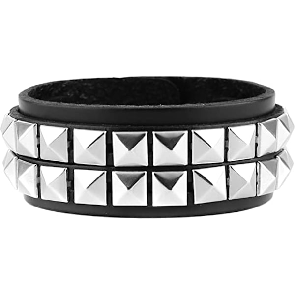 Unisex Svart Äkta Läder Silver Pyramid Nitar Armband 80-tal