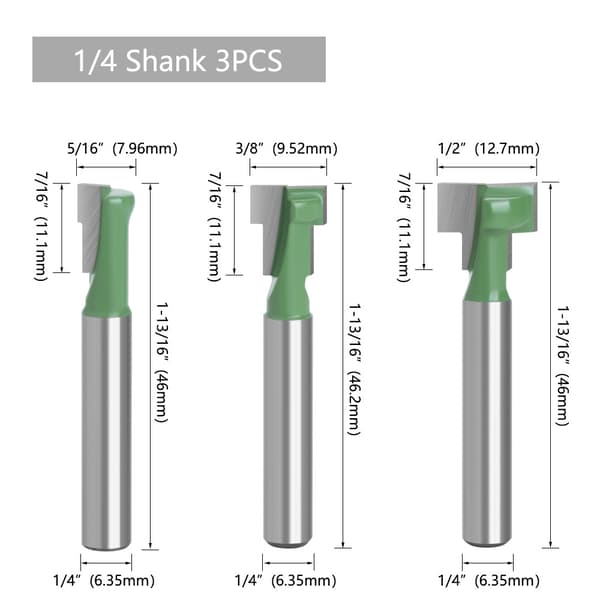 6,35 mm skaft nøglehul fræser bitsæt, med 5/16\", 3/8\", 1/2\" skærediameter.