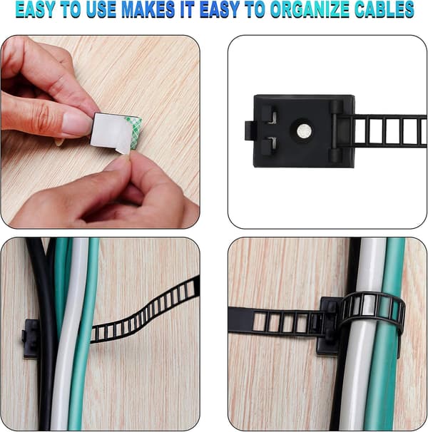 100 stk kabelklips, kabelbinders selvklebende kabelklips justerbar