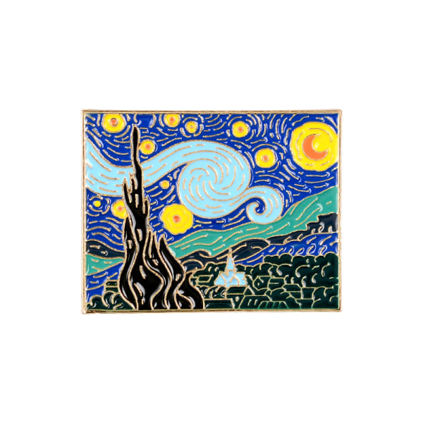 2 stk Van Gogh Starry Night Maleri Emalje reversnål, Multi, 1,75