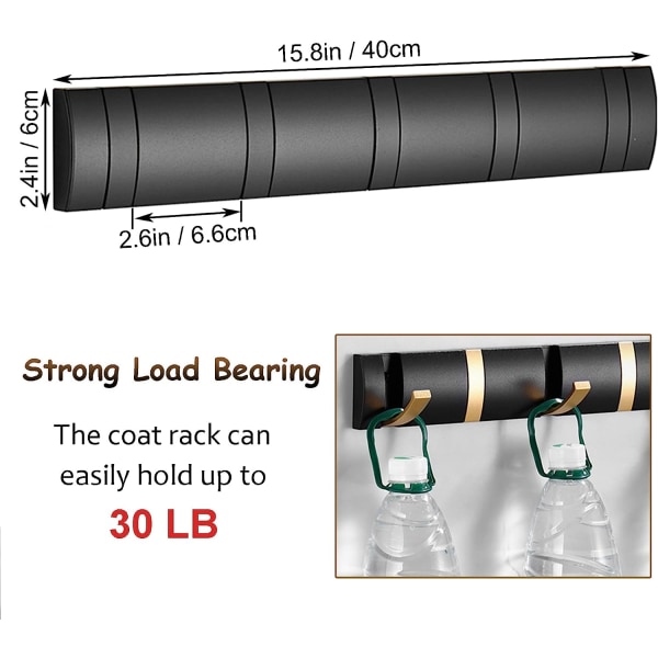 Svart veggmontert klesstativ med 5 kroker, vanntett veggmontert klesstativ