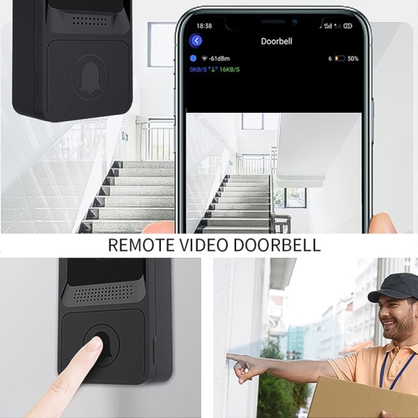 Svart - Trådløs videodørklokke, Wi-Fi Smart videodørklokke, Nig