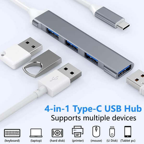 USB 3.0 Hub, 4 Portar, Typ-C Enhet - Grå