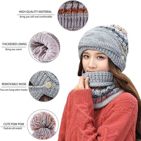 Fleeceforede vinterluer for kvinner, strikket lue, beanie, skjerf, maske, se