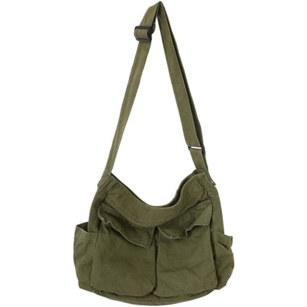 Crossbody-veske i lerret for kvinner - Armygrønn, stor crossbody-veske