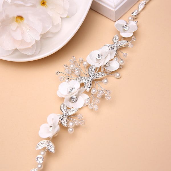 White Princess Flower Headwear Bridal Crystal Pearl Hårklänning W