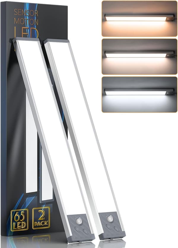 （Silver）2-pack 65 LED-skåpsbelysning, 3 färger justerbar temperatur