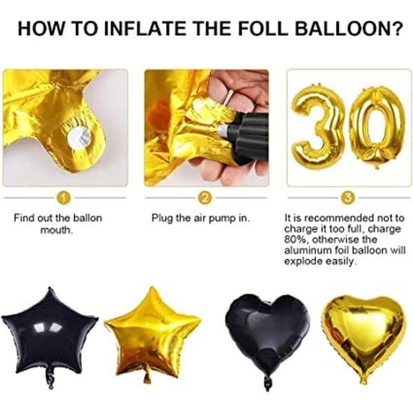 30-årsdagsfestdekorasjoner i sort gull, 30 ballonger