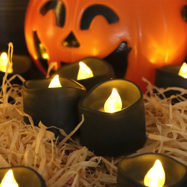 12-pakks LED-lys (svart), flammefri telys, flimrende elektriske lys, innendørs og utendørs stemningsdekorasjon for Halloween, bryllup, fester (1) D