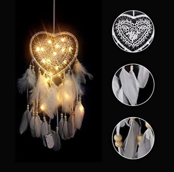 Hjertedrømmerfanger Boho-stil Håndlaget LED-lys Veggdekor