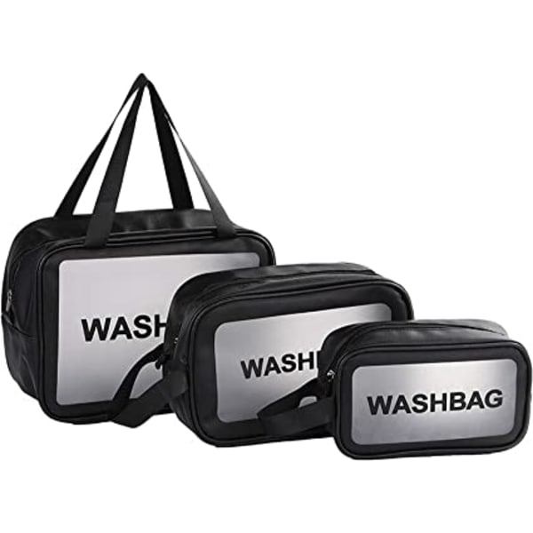 3-delt gjennomsiktig vaskepose (svart), sminkeveske, gjennomsiktig tr
