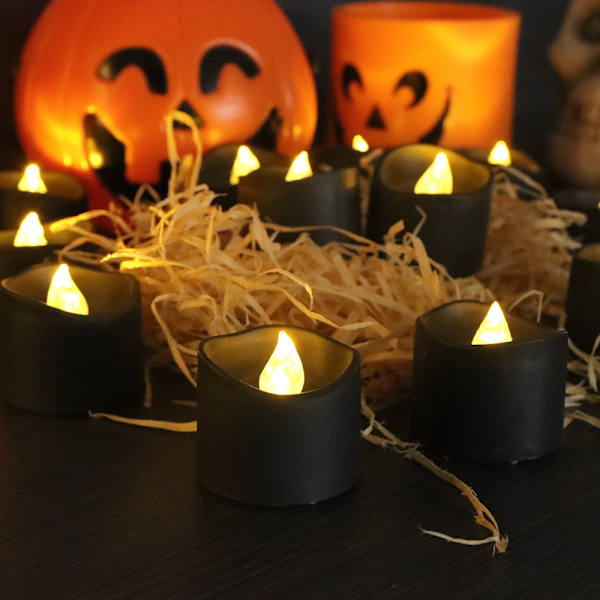 12-pakks LED-lys (svart), flammefri telys, flimrende elektriske lys, innendørs og utendørs stemningsdekorasjon for Halloween, bryllup, fester (1) D