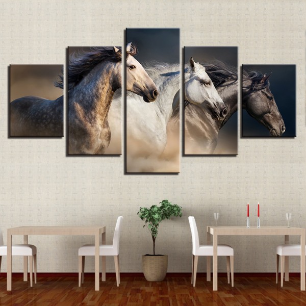 5 deler veggkunstmaleri - tre hester Non-woven Canvas Decorat