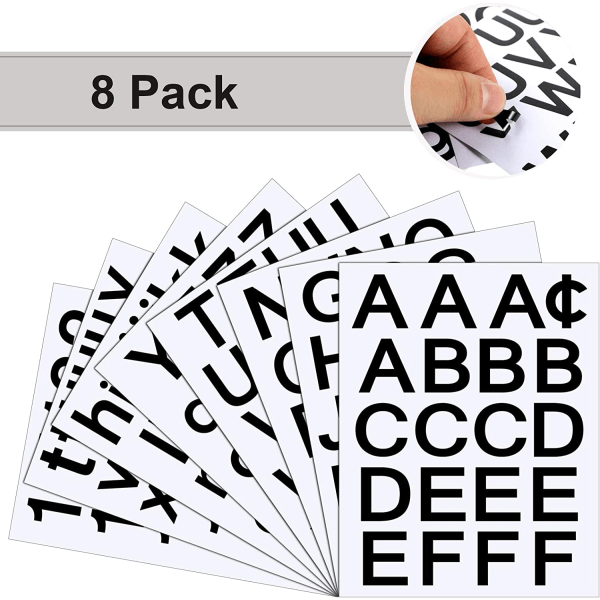 8 ark (svart, 1 tomme) selvklebende vinylbokstaver og tall