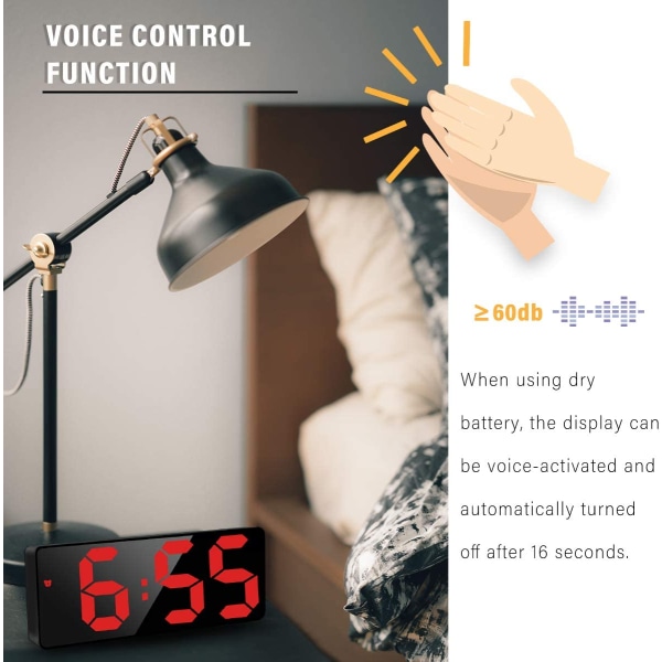 Musta digitaalinen herätyskello, 6,7 tuuman LED-peilidigitaalinen kello yöpöydälle