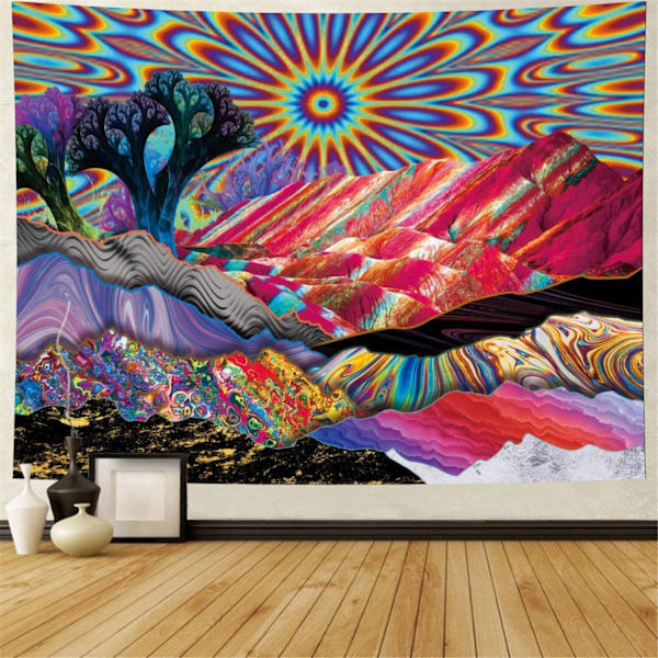 Sol Gobelin Vægophæng Psykedelisk Trippy Bjerg Tape