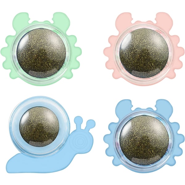 Blå, grønn, rosa - 4 kattemynteballer 360 grader roterende selvklebende