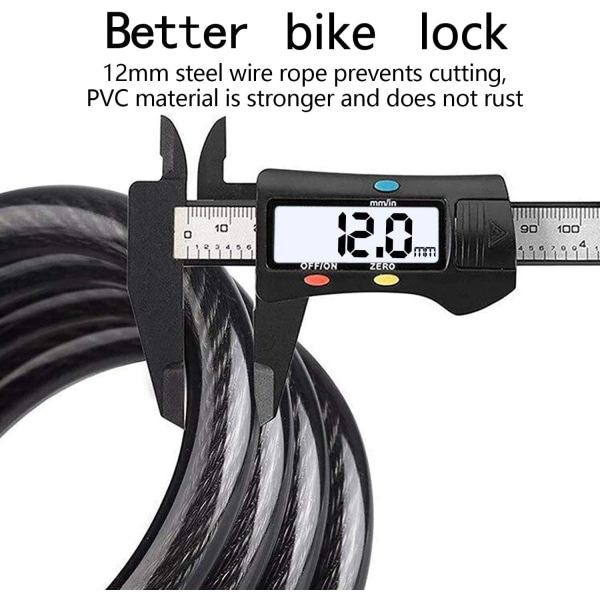 Sort cykel lås, cykel lås lang 120cm x 12mm, kabel lås til cykler