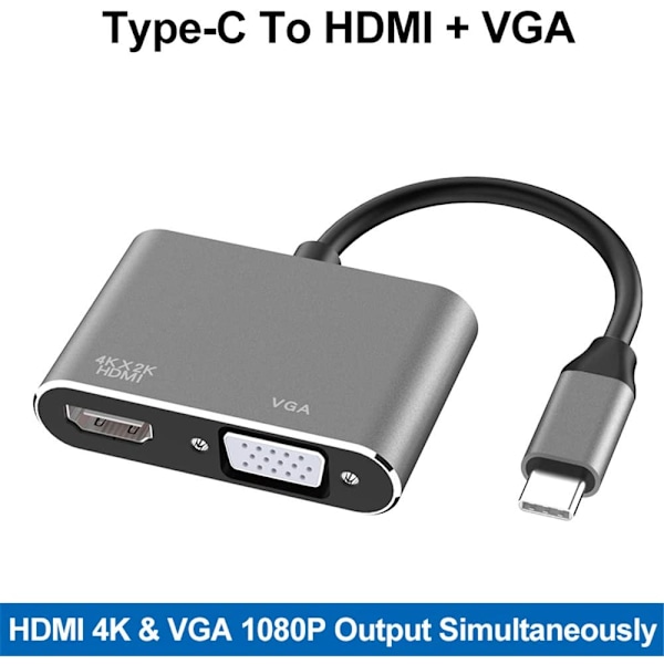 USB-C till HDMI VGA-adapter, 2-i-1 Typ C till HDMI 4K, VGA 1080P C