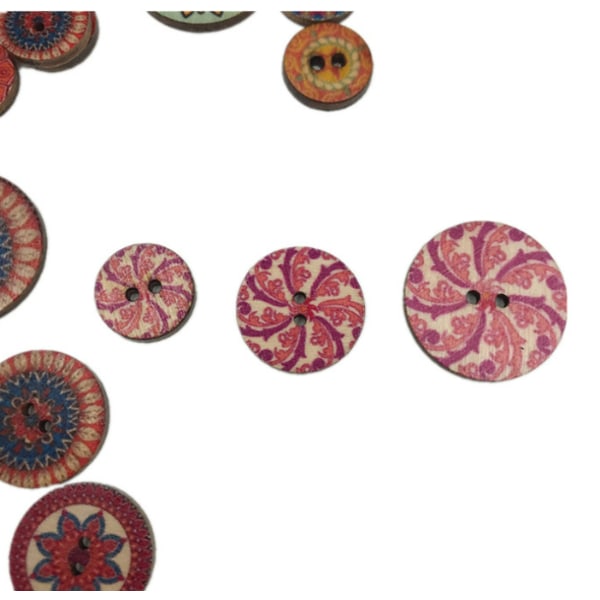 100 antiikkia pyöreää puunappia 20mm väripainatus kaksisilmäinen w