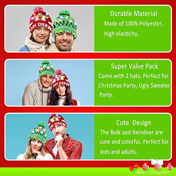 2 Pakke jule LED-lys-opp strikket lue Fargerike Flashi