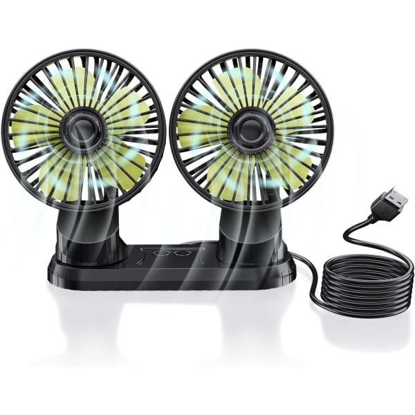 12V Double Head Car Fan, Portable USB Vehicle Fan, 360 Degree Rot