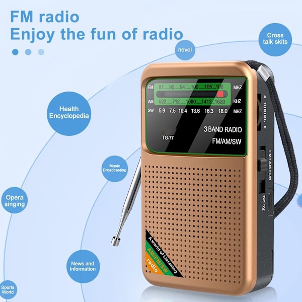 FM/AM/SW - Bärbar Mini Radio - Katastrofradio - Uppladdningsbar Radio - Guld