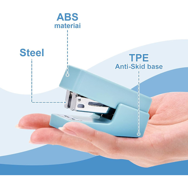 Mini stiftemaskin, 12 arks kapasitet, skrivebords stiftemaskin med 640 standard stifter og stiftfjerner (blå)