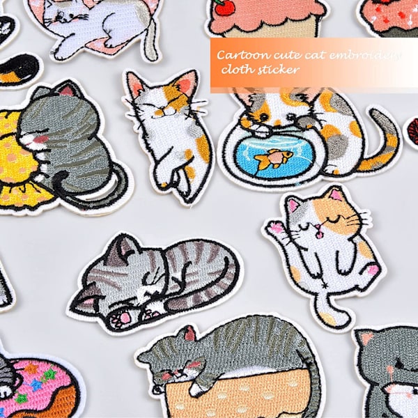 18 stk. stryge-på-patches, mini katte tøj patches, søde killing P