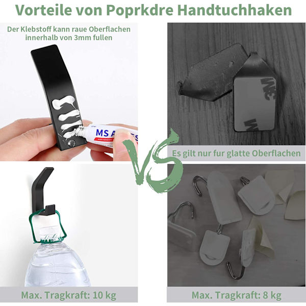6 stk selvklebende kroker, dobbel baderomshåndklekrok, selvklebende veggmontering for kjøkken, bad, kontor, skap, aluminium, svart