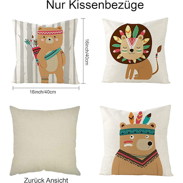 45x45CM, sett med 4 putetrekk i lin, fargerike tegneseriefigurer
