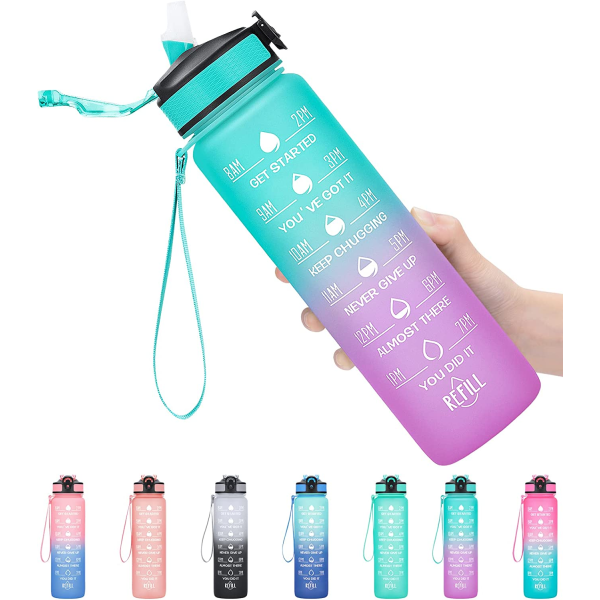 1 litre Motivational Fitness Sport Water Bottle with Straw & Tim