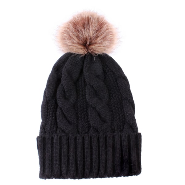 Dame strikket hue varm tyk pelsbold cap (sort)