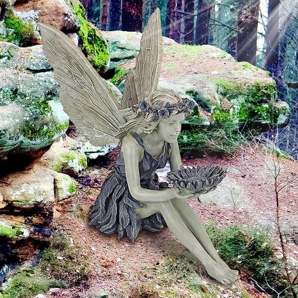 Eventyrhave-statue, solsikke-fe-statue, have-skulptur, stenfuglefoder, havepynt, realistisk engelfigur, fe-figurer, udendørs havedekoration