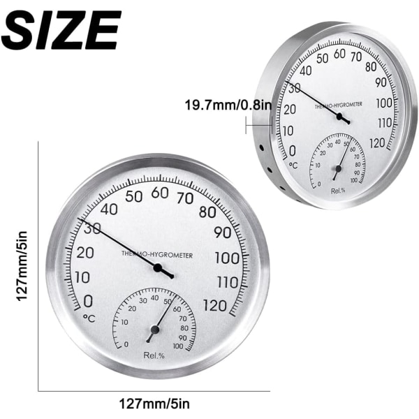 Termometer og hygrometer 2 i 1, metallskive termometer, analog termo-hygrometer for badstue, badstue termometer, Reliab