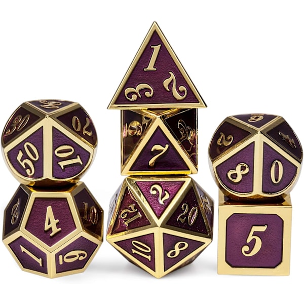D&D Metal Dice Set, 7-osainen metalliset polyhedral-noppasetti (Tumman violetti ja kultainen numero)