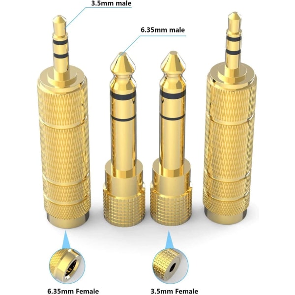 3,5 mm hann til 6,35 mm hunn og 6,35 mm hann til 3,5 mm hunn jack