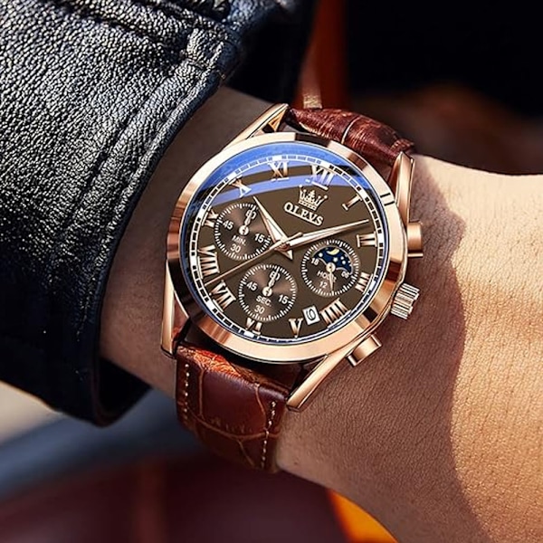 Herre Chronograph Brun Lærklokke Gullkasse Analog Kvarts Mote Forretningskjole Stor Skiveklokke Menn Dag